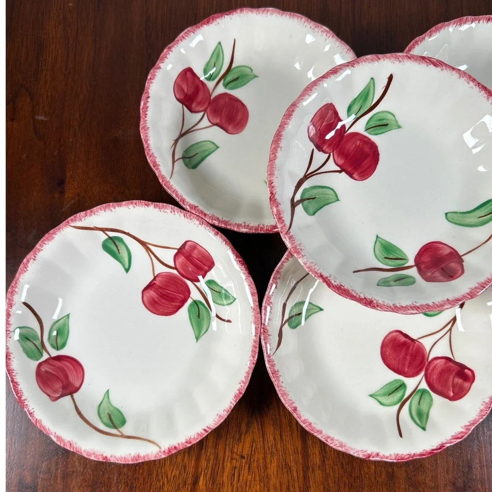 Blue Ridge Southern Pottery Hand Painted Fruit Bowls Red White Scalloped Vtg SIX